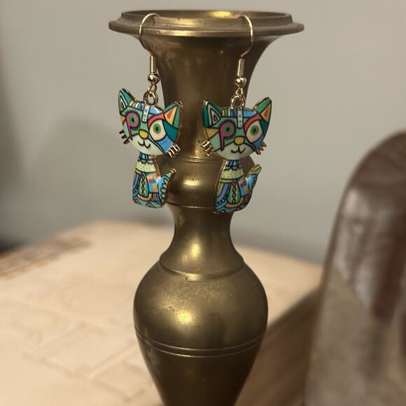 Multicolor metal and enamel cat earrings. New. Lightweight and very colorful. - Picture 2 of 3